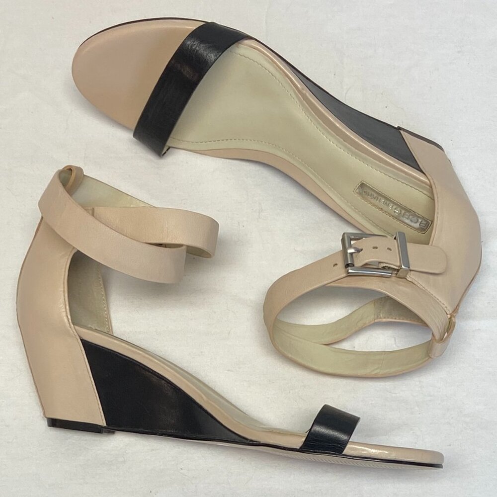 BCBGeneration Vivian Leather Low Wedge Sandals Ankle Wrap Blush Pink Black 8